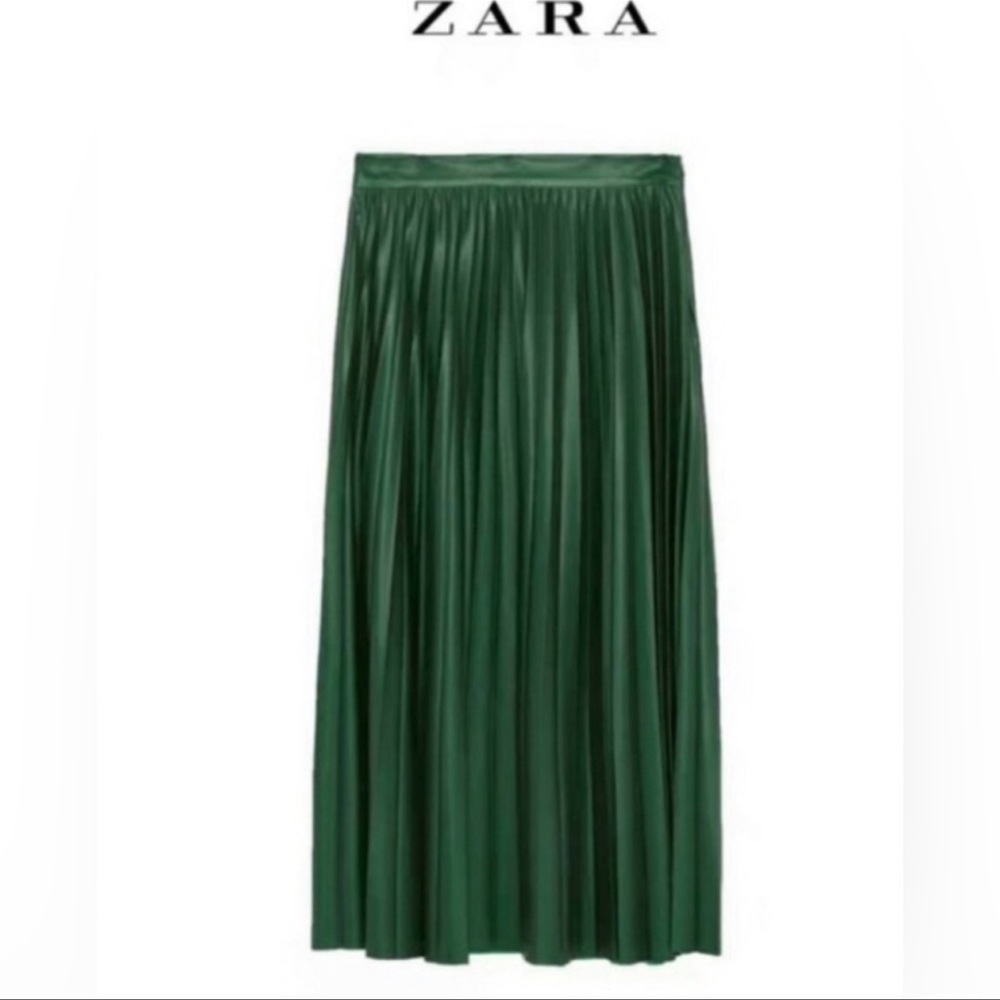 ZARA Green Faux Leather Pleated Midi Skirt size XS